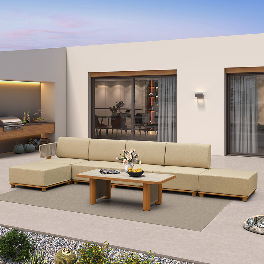 PURPLE LEAF Breck L-Shaped with table Modular Outdoor Sectional with Wood-Grain Aluminum Frame and Thick Teak-Colored Cushions for Luxury Backyard Lounge
