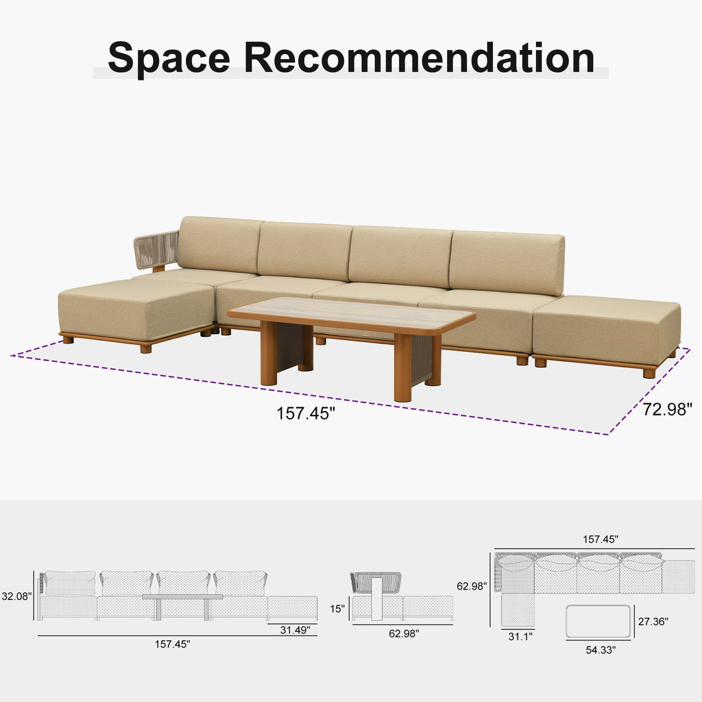 PURPLE LEAF Breck L-Shaped with table Modular Outdoor Sectional with Wood-Grain Aluminum Frame and Thick Teak-Colored Cushions for Luxury Backyard Lounge