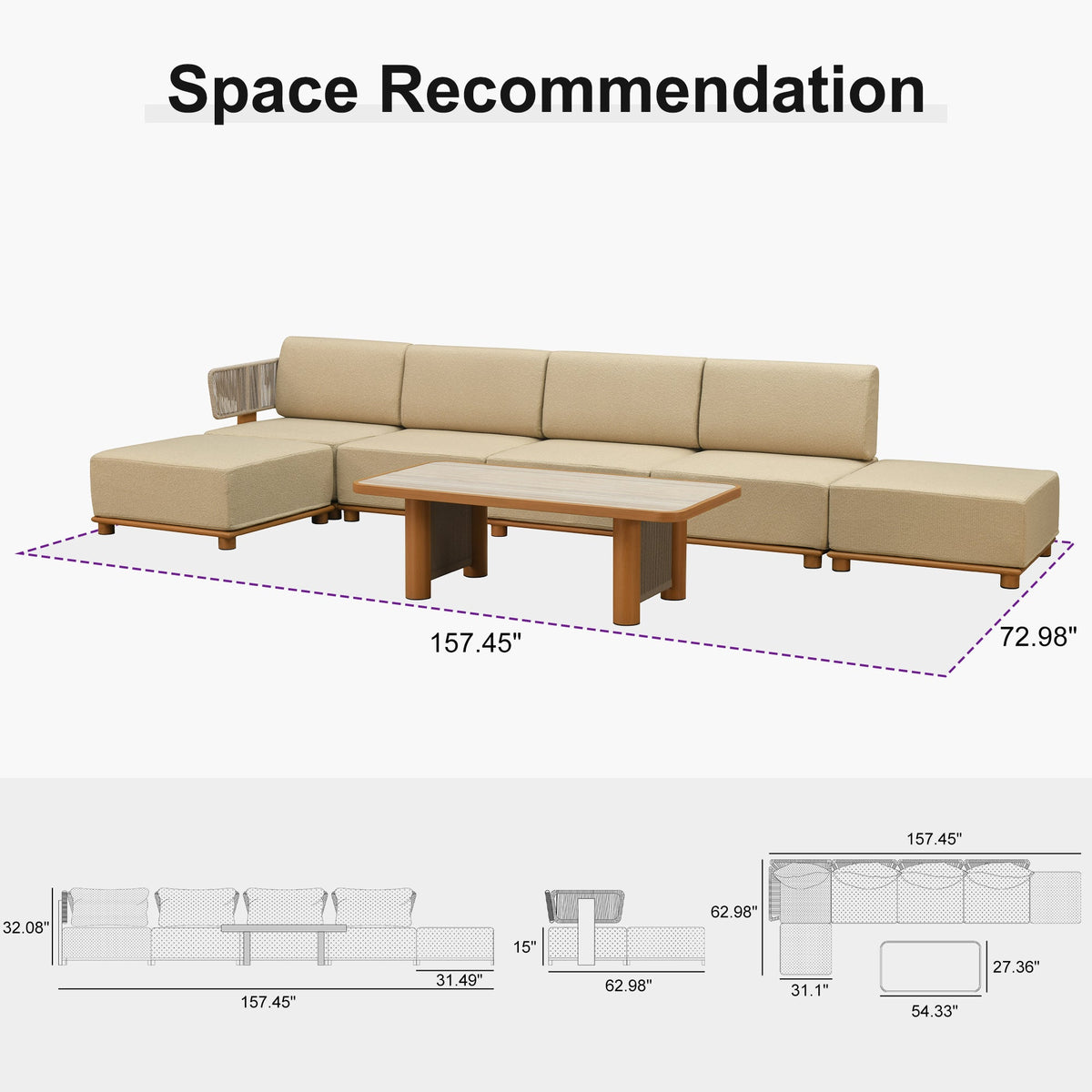 PURPLE LEAF Breck L-Shaped with table Modular Outdoor Sectional with Wood-Grain Aluminum Frame and Thick Teak-Colored Cushions for Luxury Backyard Lounge