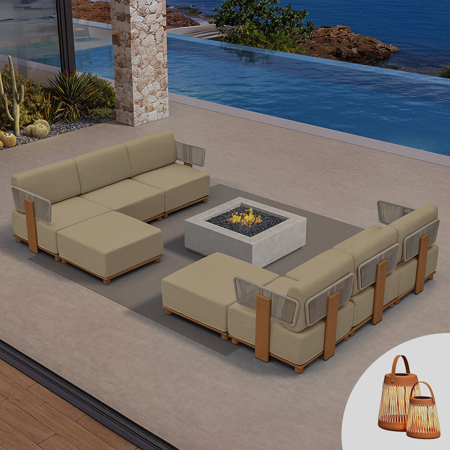 PURPLE LEAF Breck L-Shaped Modular Outdoor Sectional with Wood-Grain Aluminum Frame and Thick Teak-Colored Cushions for Luxury Backyard Lounge