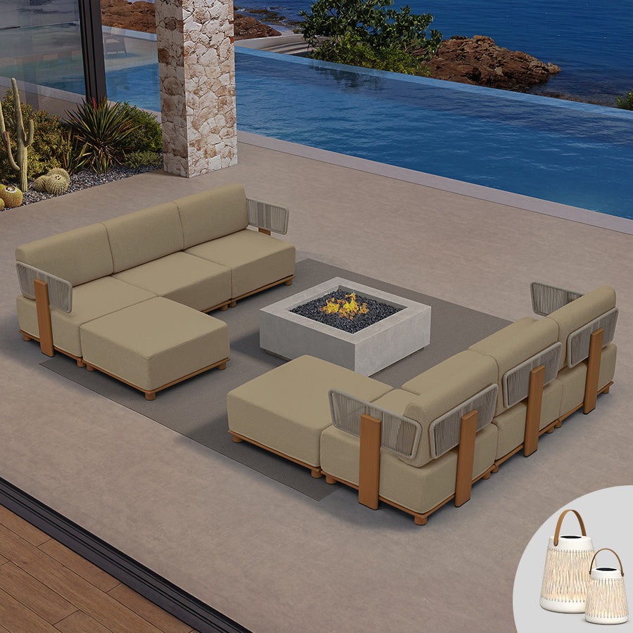 PURPLE LEAF Breck L-Shaped Modular Outdoor Sectional with Wood-Grain Aluminum Frame and Thick Teak-Colored Cushions for Luxury Backyard Lounge