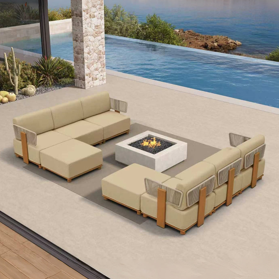 PURPLE LEAF Breck L-Shaped Modular Outdoor Sectional with Wood-Grain Aluminum Frame and Thick Teak-Colored Cushions for Luxury Backyard Lounge