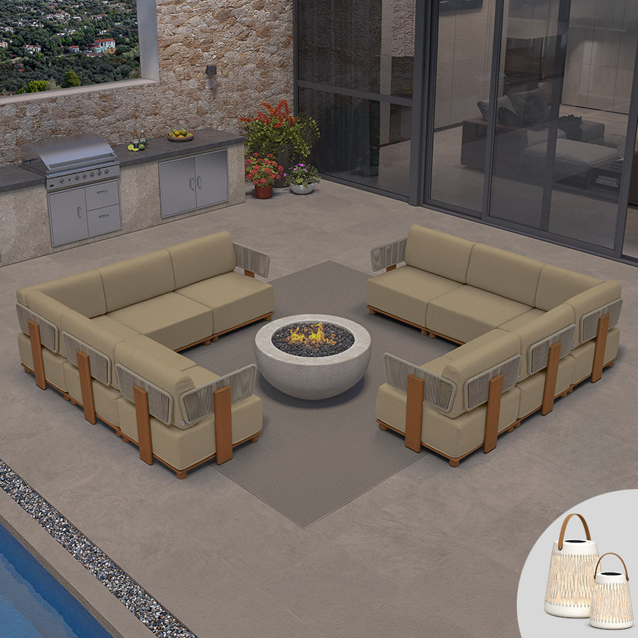 PURPLE LEAF Breck L-Shaped Modular Outdoor Sectional with Wood-Grain Aluminum Frame and Thick Teak-Colored Cushions for Luxury Backyard Lounge