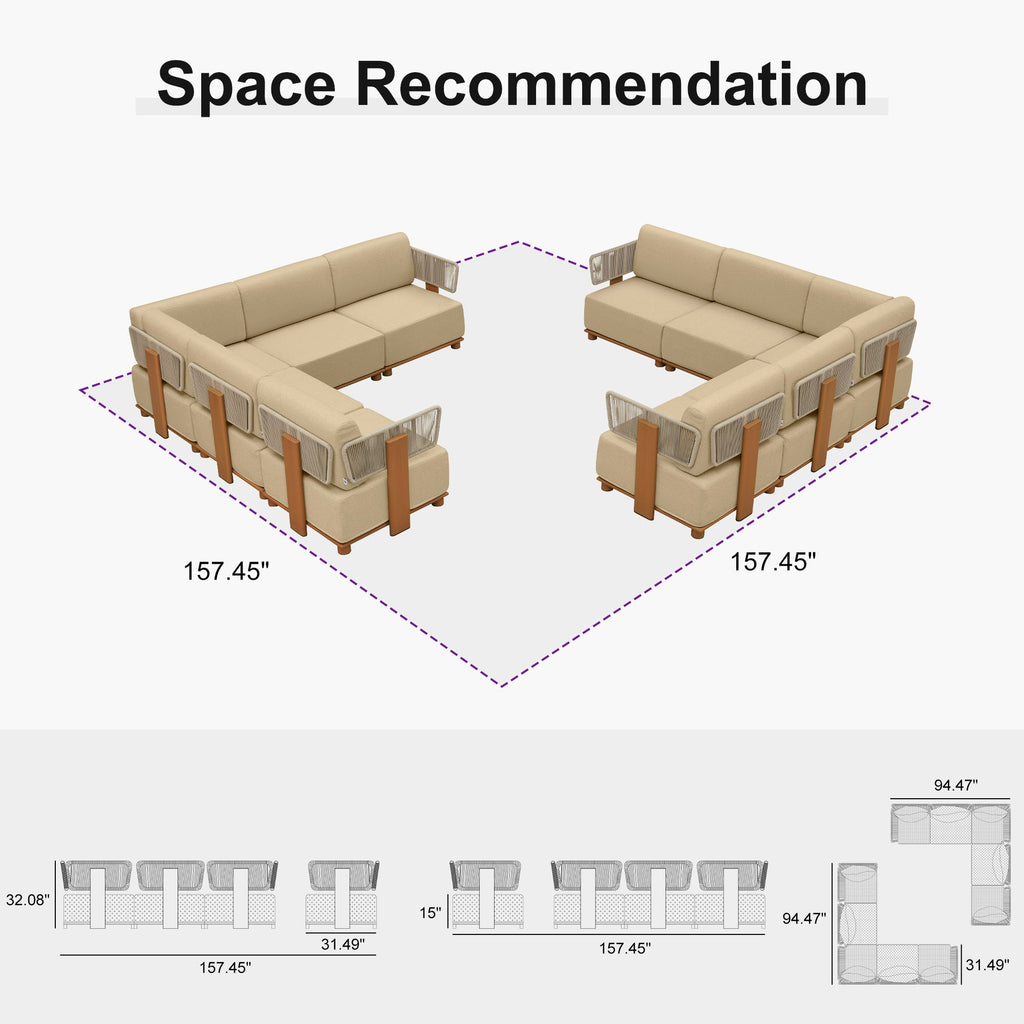 PURPLE LEAF Breck L-Shaped Modular Outdoor Sectional with Wood-Grain Aluminum Frame and Thick Teak-Colored Cushions for Luxury Backyard Lounge