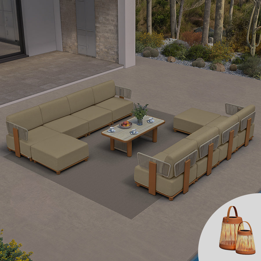 PURPLE LEAF Breck L-Shaped with table Modular Outdoor Sectional with Wood-Grain Aluminum Frame and Thick Teak-Colored Cushions for Luxury Backyard Lounge