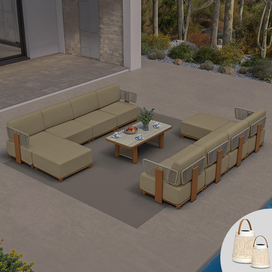 PURPLE LEAF Breck L-Shaped with table Modular Outdoor Sectional with Wood-Grain Aluminum Frame and Thick Teak-Colored Cushions for Luxury Backyard Lounge