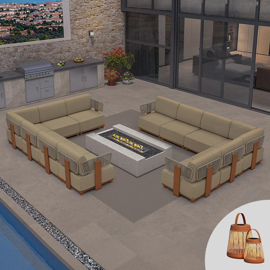 PURPLE LEAF Breck L-Shaped Modular Outdoor Sectional with Wood-Grain Aluminum Frame and Thick Teak-Colored Cushions for Luxury Backyard Lounge