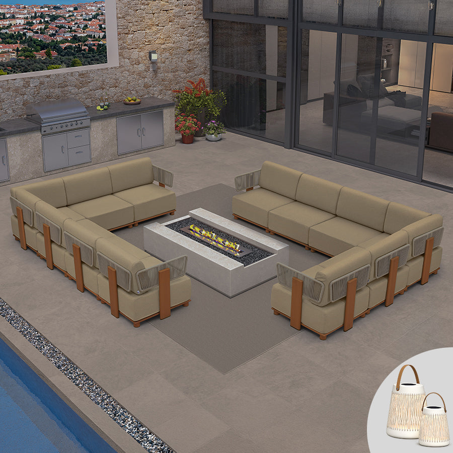 PURPLE LEAF Breck L-Shaped Modular Outdoor Sectional with Wood-Grain Aluminum Frame and Thick Teak-Colored Cushions for Luxury Backyard Lounge