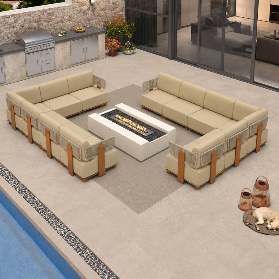 PURPLE LEAF Breck L-Shaped Modular Outdoor Sectional with Wood-Grain Aluminum Frame and Thick Teak-Colored Cushions for Luxury Backyard Lounge
