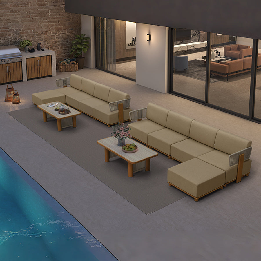 PURPLE LEAF Breck L-Shaped with table Modular Outdoor Sectional with Wood-Grain Aluminum Frame and Thick Teak-Colored Cushions for Luxury Backyard Lounge