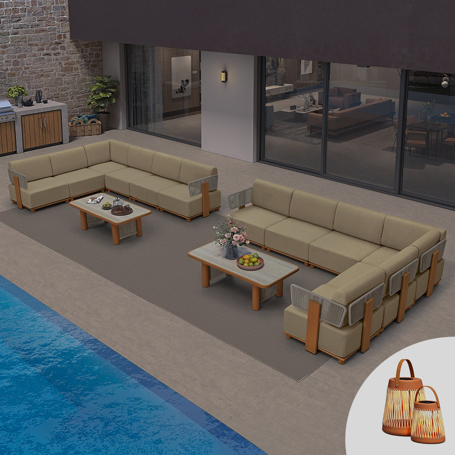 PURPLE LEAF Breck L-Shaped with table Modular Outdoor Sectional with Wood-Grain Aluminum Frame and Thick Teak-Colored Cushions for Luxury Backyard Lounge