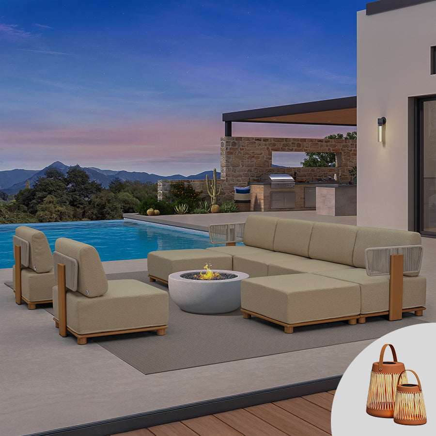 PURPLE LEAF Breck Enclosed Modular Outdoor Sectional with Wood-Grain Aluminum Frame and Thick Teak-Colored Cushions for Modern Outdoor Deck
