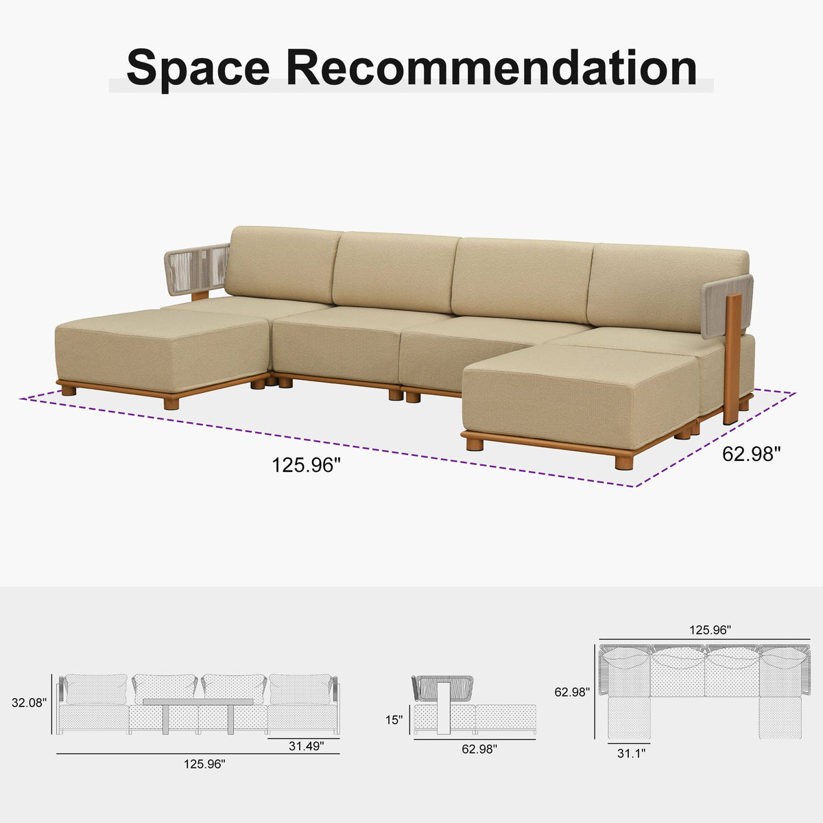 PURPLE LEAF Breck U-Shaped  with table Modular Outdoor Sectional with Wood-Grain Aluminum Frame and Thick Teak-Colored Cushions for Family Entertaining