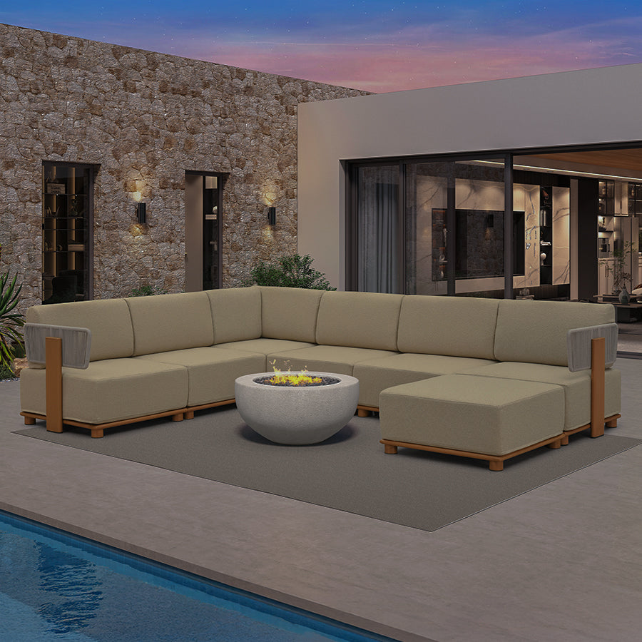 PURPLE LEAF Breck U-Shaped Modular Outdoor Sectional with Wood-Grain Aluminum Frame and Thick Teak-Colored Cushions for Family Entertaining