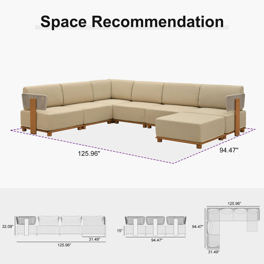 PURPLE LEAF Breck U-Shaped Modular Outdoor Sectional with Wood-Grain Aluminum Frame and Thick Teak-Colored Cushions for Family Entertaining