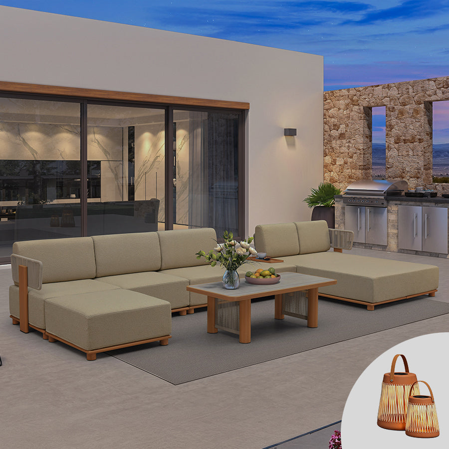 PURPLE LEAF Breck U-Shaped  with table Modular Outdoor Sectional with Wood-Grain Aluminum Frame and Thick Teak-Colored Cushions for Family Entertaining