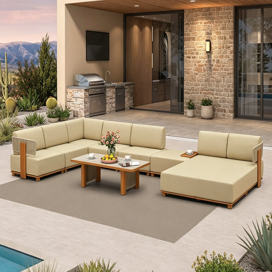 PURPLE LEAF Breck U-Shaped  with table Modular Outdoor Sectional with Wood-Grain Aluminum Frame and Thick Teak-Colored Cushions for Family Entertaining