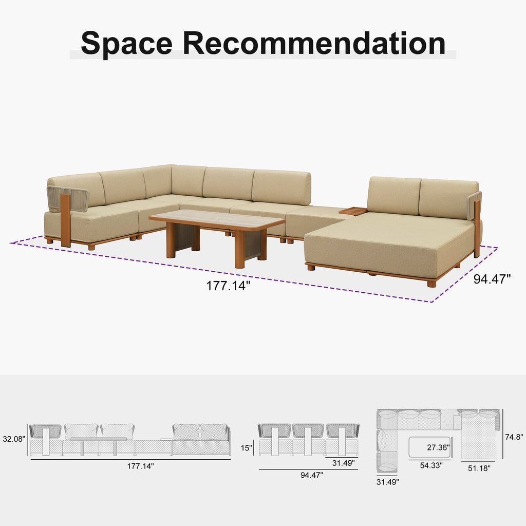 PURPLE LEAF Breck U-Shaped  with table Modular Outdoor Sectional with Wood-Grain Aluminum Frame and Thick Teak-Colored Cushions for Family Entertaining