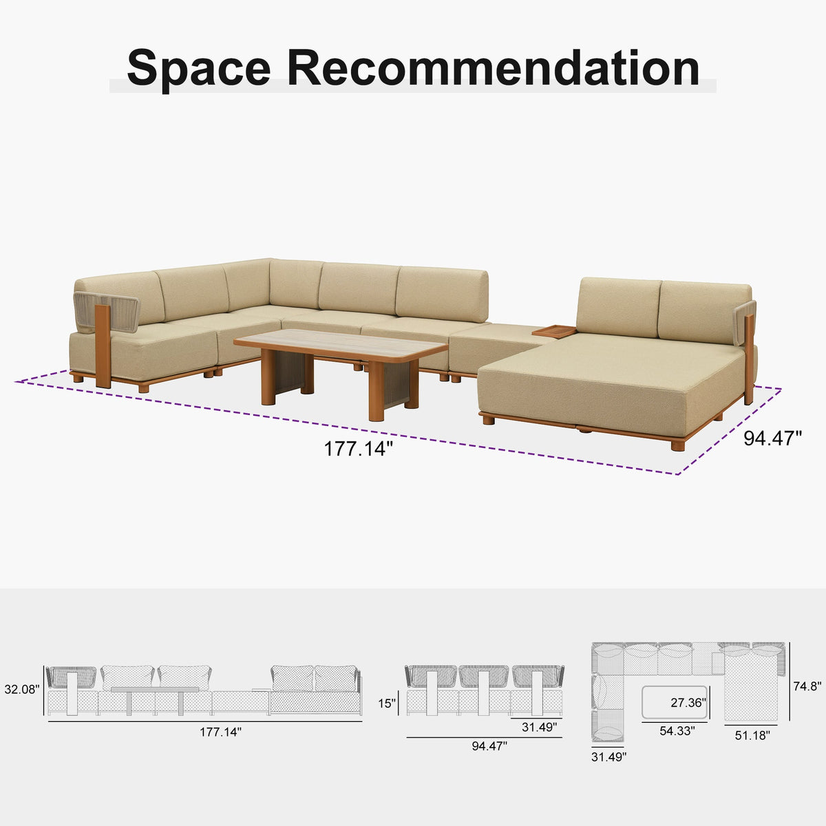 PURPLE LEAF Breck U-Shaped  with table Modular Outdoor Sectional with Wood-Grain Aluminum Frame and Thick Teak-Colored Cushions for Family Entertaining