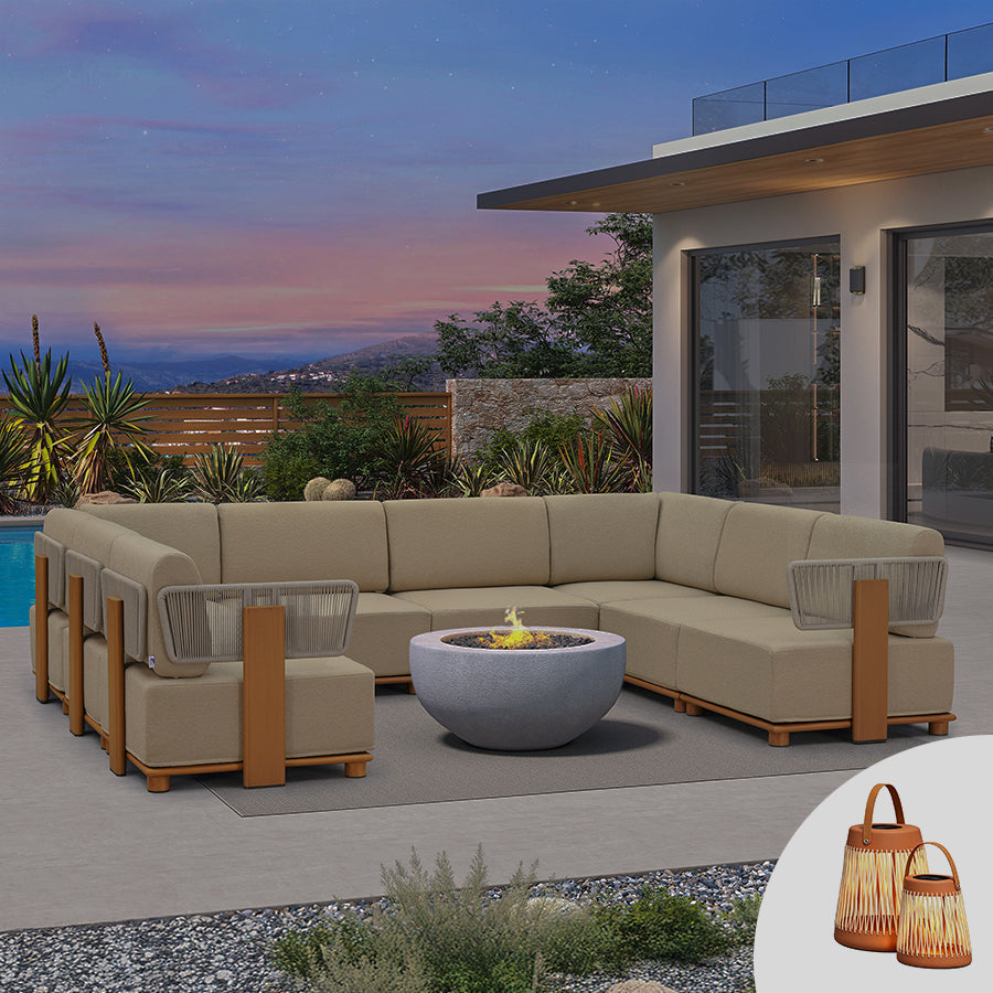 PURPLE LEAF Breck U-Shaped Modular Outdoor Sectional with Wood-Grain Aluminum Frame and Thick Teak-Colored Cushions for Family Entertaining
