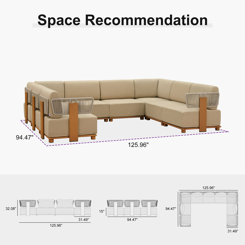 PURPLE LEAF Breck U-Shaped  with table Modular Outdoor Sectional with Wood-Grain Aluminum Frame and Thick Teak-Colored Cushions for Family Entertaining
