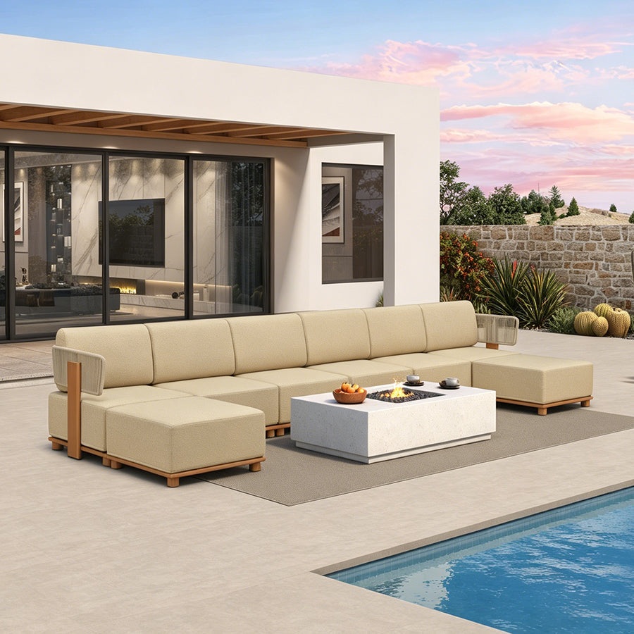 PURPLE LEAF Breck U-Shaped Modular Outdoor Sectional with Wood-Grain Aluminum Frame and Thick Teak-Colored Cushions for Family Entertaining