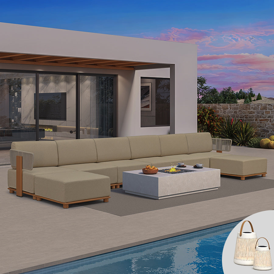 PURPLE LEAF Breck U-Shaped Modular Outdoor Sectional with Wood-Grain Aluminum Frame and Thick Teak-Colored Cushions for Family Entertaining
