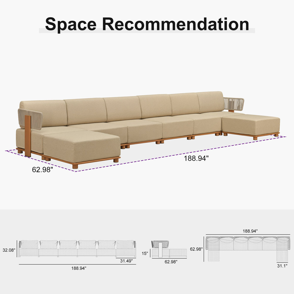 PURPLE LEAF Breck U-Shaped Modular Outdoor Sectional with Wood-Grain Aluminum Frame and Thick Teak-Colored Cushions for Family Entertaining
