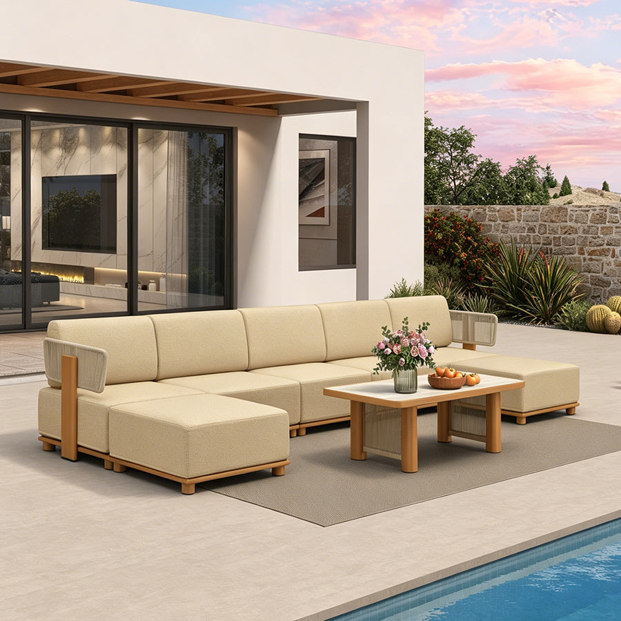 PURPLE LEAF Breck U-Shaped  with table Modular Outdoor Sectional with Wood-Grain Aluminum Frame and Thick Teak-Colored Cushions for Family Entertaining