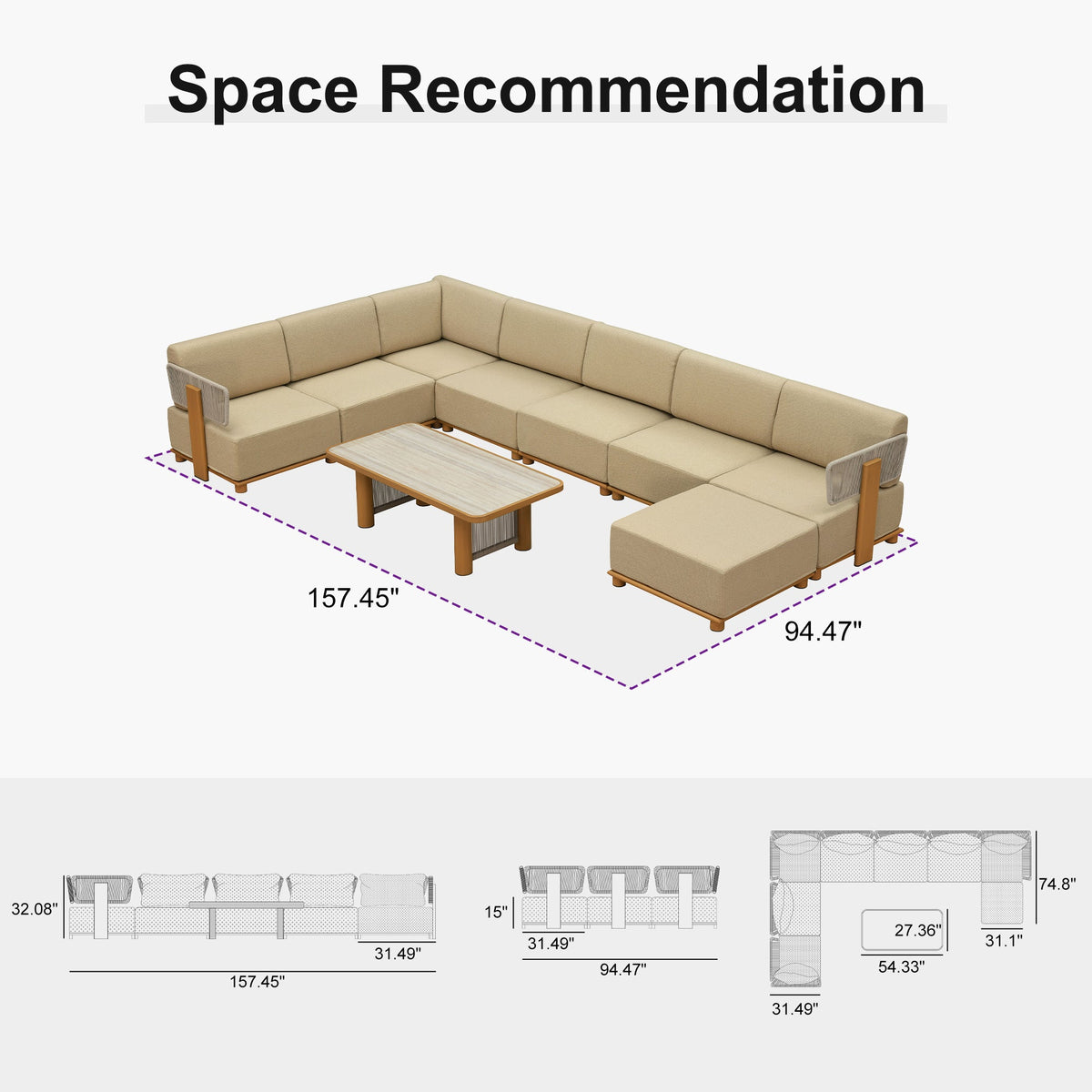 PURPLE LEAF Breck U-Shaped  with table Modular Outdoor Sectional with Wood-Grain Aluminum Frame and Thick Teak-Colored Cushions for Family Entertaining