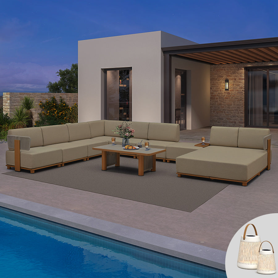 PURPLE LEAF Breck U-Shaped  with table Modular Outdoor Sectional with Wood-Grain Aluminum Frame and Thick Teak-Colored Cushions for Family Entertaining
