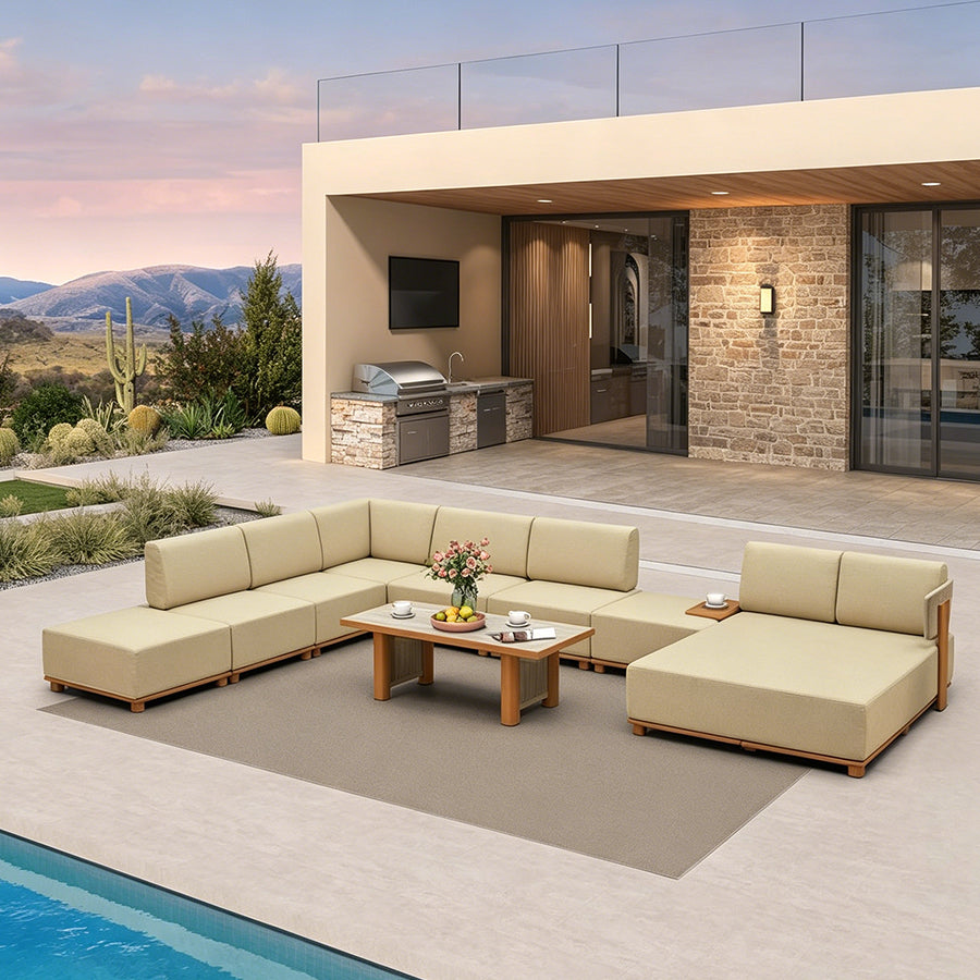 PURPLE LEAF Breck U-Shaped  with table Modular Outdoor Sectional with Wood-Grain Aluminum Frame and Thick Teak-Colored Cushions for Family Entertaining