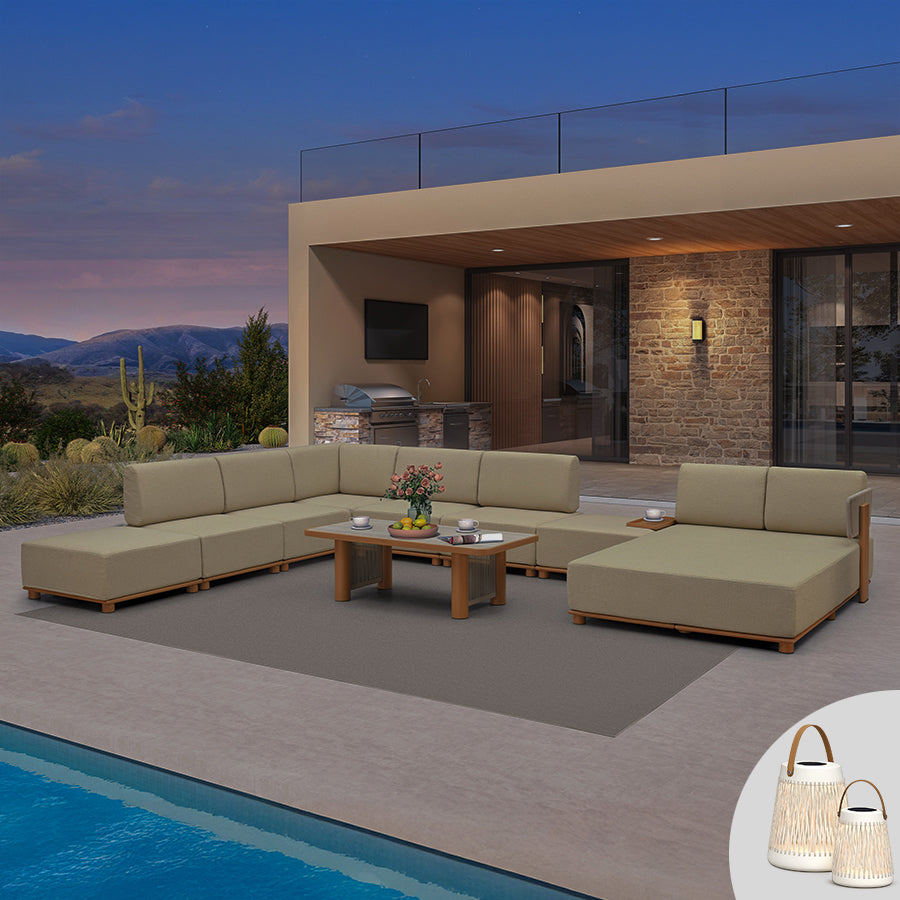 PURPLE LEAF Breck U-Shaped  with table Modular Outdoor Sectional with Wood-Grain Aluminum Frame and Thick Teak-Colored Cushions for Family Entertaining
