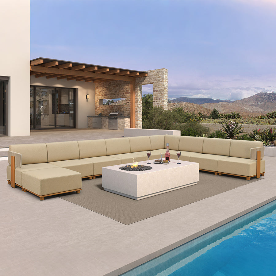 PURPLE LEAF Breck U-Shaped Modular Outdoor Sectional with Wood-Grain Aluminum Frame and Thick Teak-Colored Cushions for Family Entertaining
