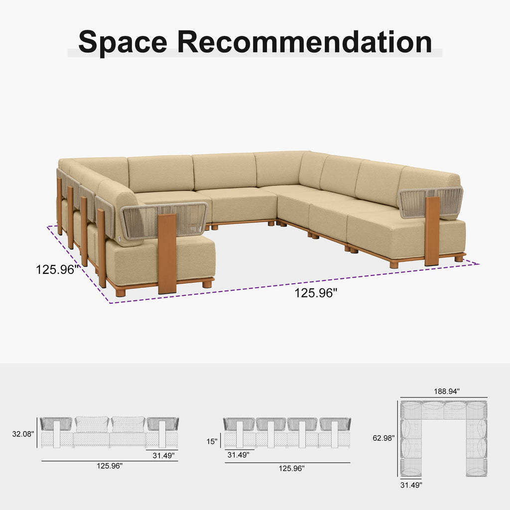 PURPLE LEAF Breck U-Shaped  with table Modular Outdoor Sectional with Wood-Grain Aluminum Frame and Thick Teak-Colored Cushions for Family Entertaining