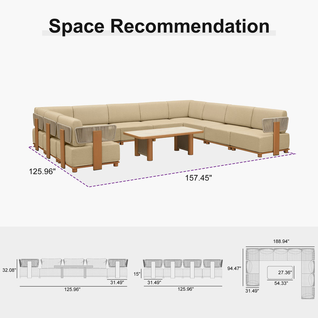 PURPLE LEAF Breck U-Shaped  with table Modular Outdoor Sectional with Wood-Grain Aluminum Frame and Thick Teak-Colored Cushions for Family Entertaining