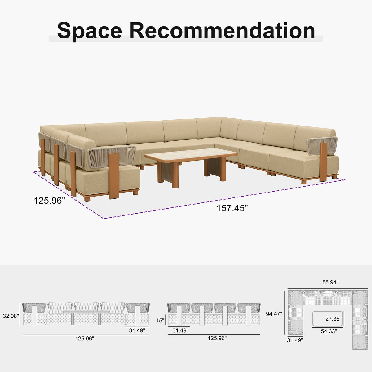 PURPLE LEAF Breck U-Shaped  with table Modular Outdoor Sectional with Wood-Grain Aluminum Frame and Thick Teak-Colored Cushions for Family Entertaining