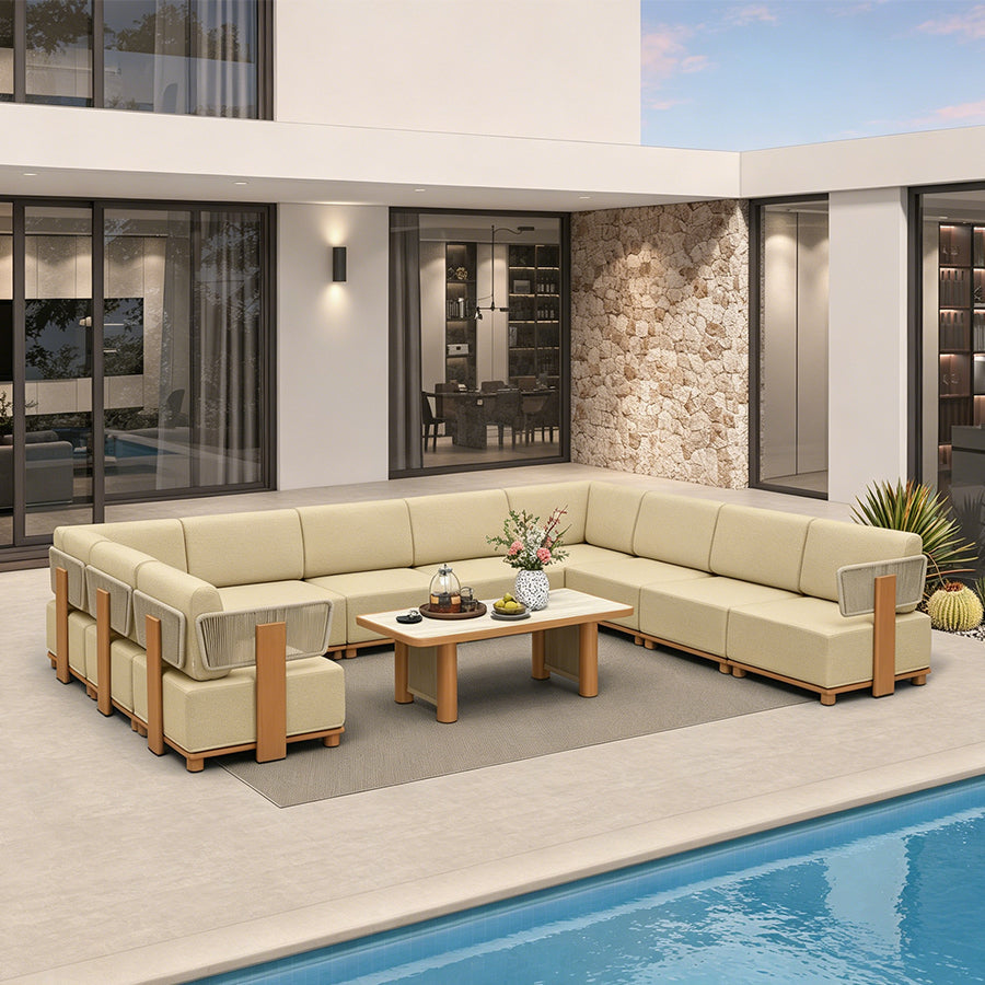 PURPLE LEAF Breck U-Shaped  with table Modular Outdoor Sectional with Wood-Grain Aluminum Frame and Thick Teak-Colored Cushions for Family Entertaining