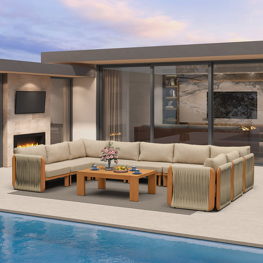 PURPLE LEAF Byron U-Shaped Modular Outdoor Sectional with Wide-Band Woven Design and Wood-Grain Aluminum Frame for Outdoor Courtyard