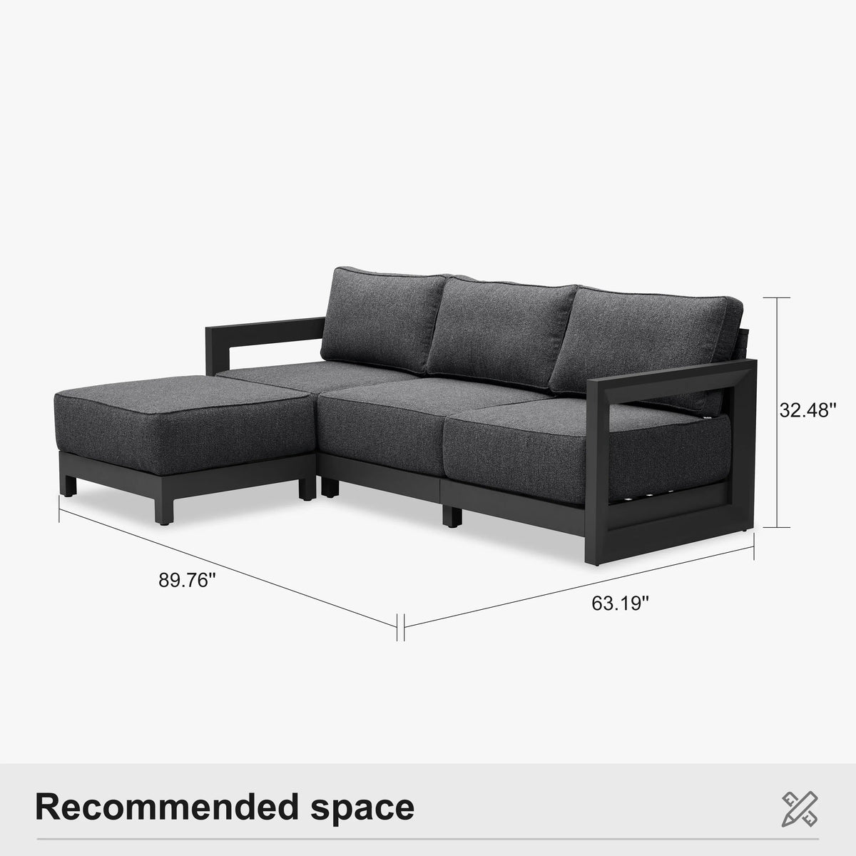 PURPLE LEAF Caesar L-shaped Patio Conversation Set with Grey Cushion Pillows and Ottoman Couch for Backyard Porch