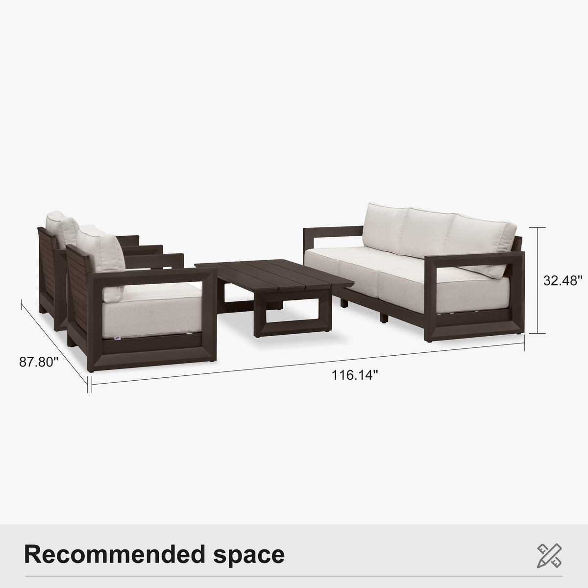 PURPLE LEAF Caesar Open-End Patio Conversation Set with Bronze Cushion Pillows and Ottoman for Modern Outdoor Deck