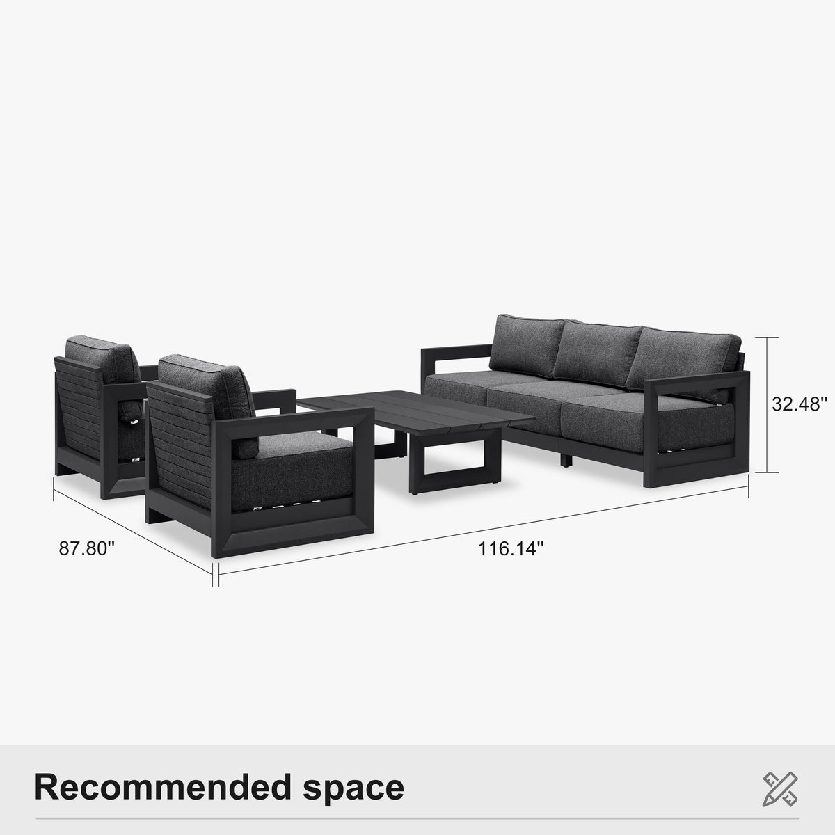 PURPLE LEAF Caesar Open-End Patio Conversation Set with Grey Cushion Pillows and Ottoman for Modern Outdoor Deck