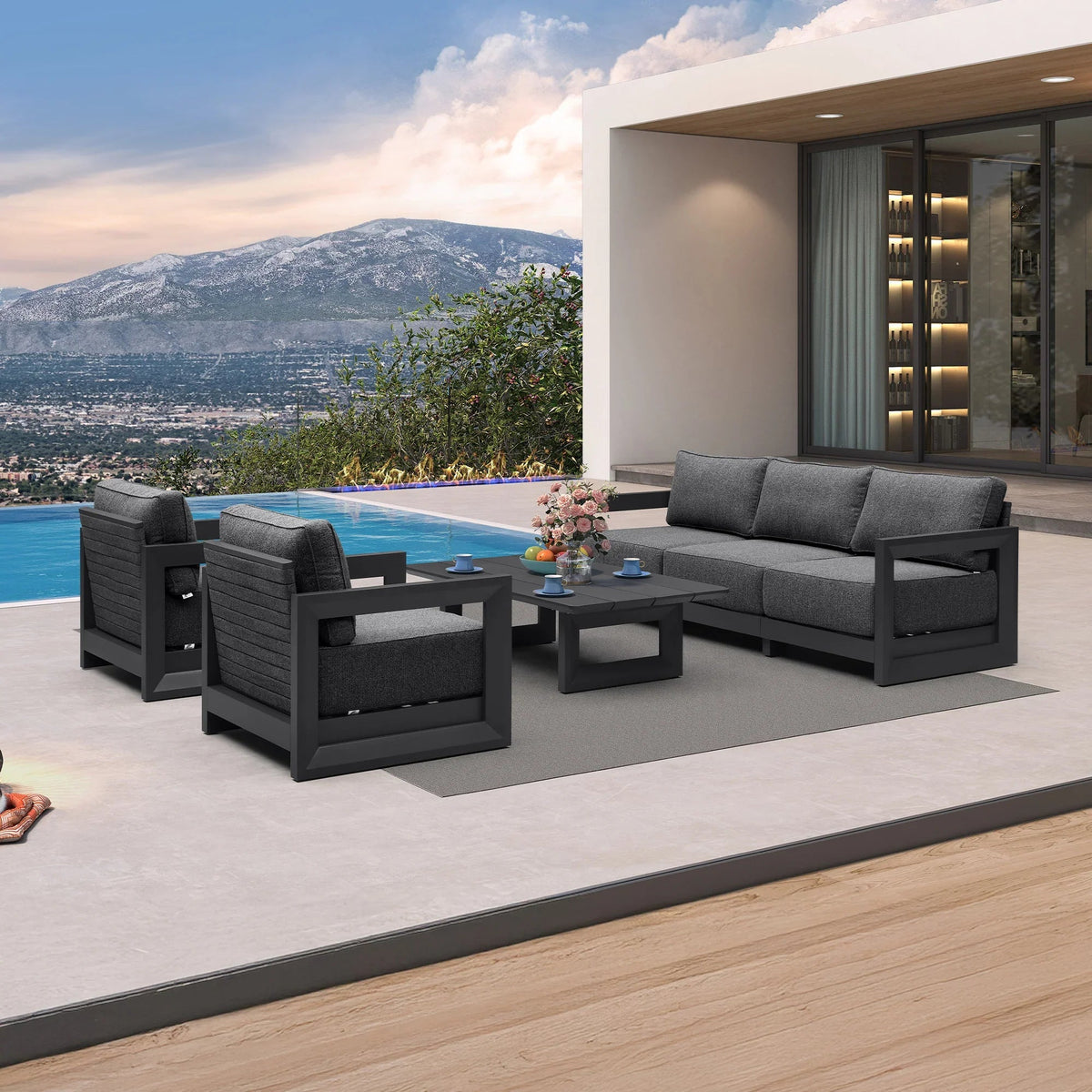 PURPLE LEAF Caesar Open-End Patio Conversation Set with Grey Cushion Pillows and Ottoman for Modern Outdoor Deck