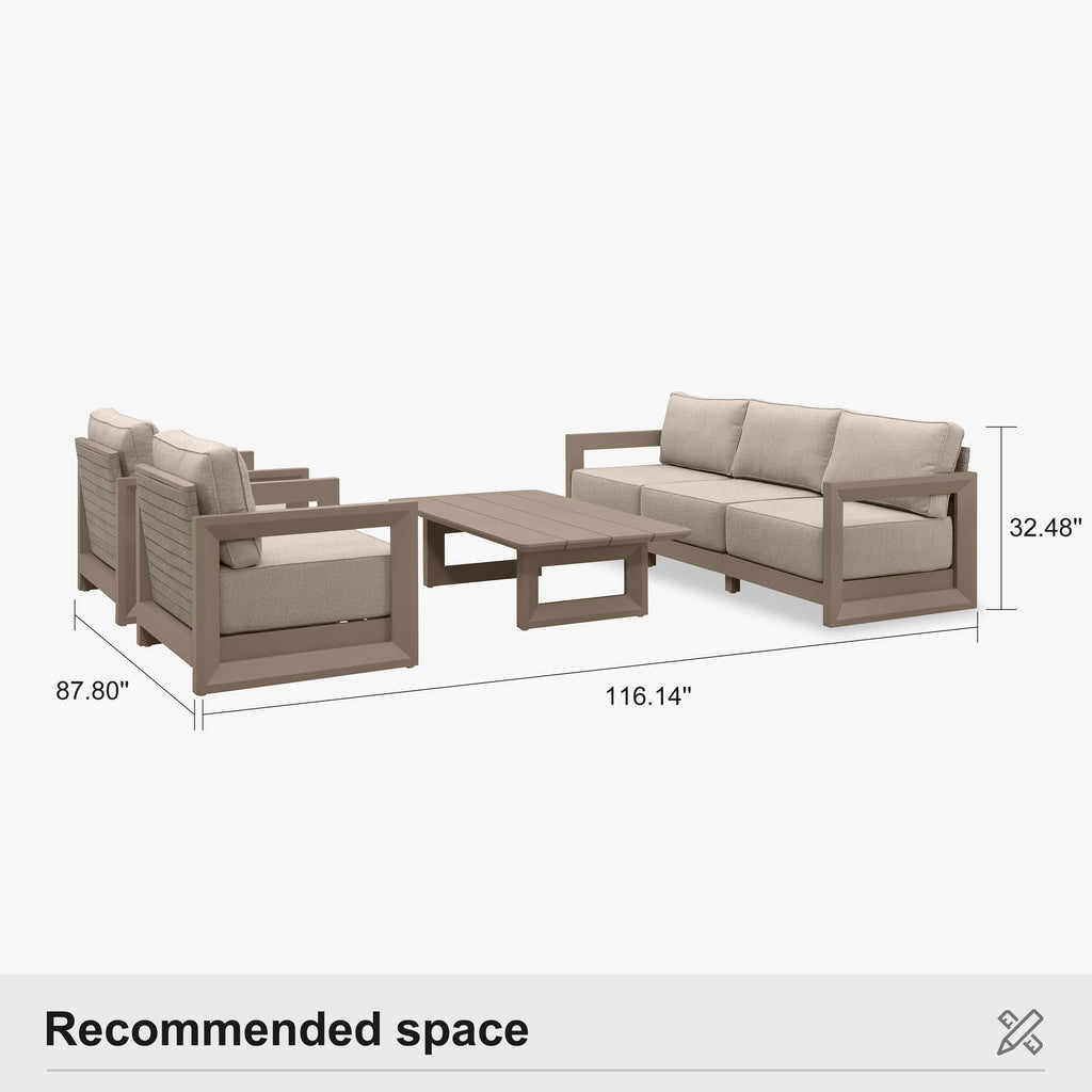 PURPLE LEAF Caesar Open-End Patio Conversation Set with Khaki Cushion Pillows and Ottoman for Modern Outdoor Deck