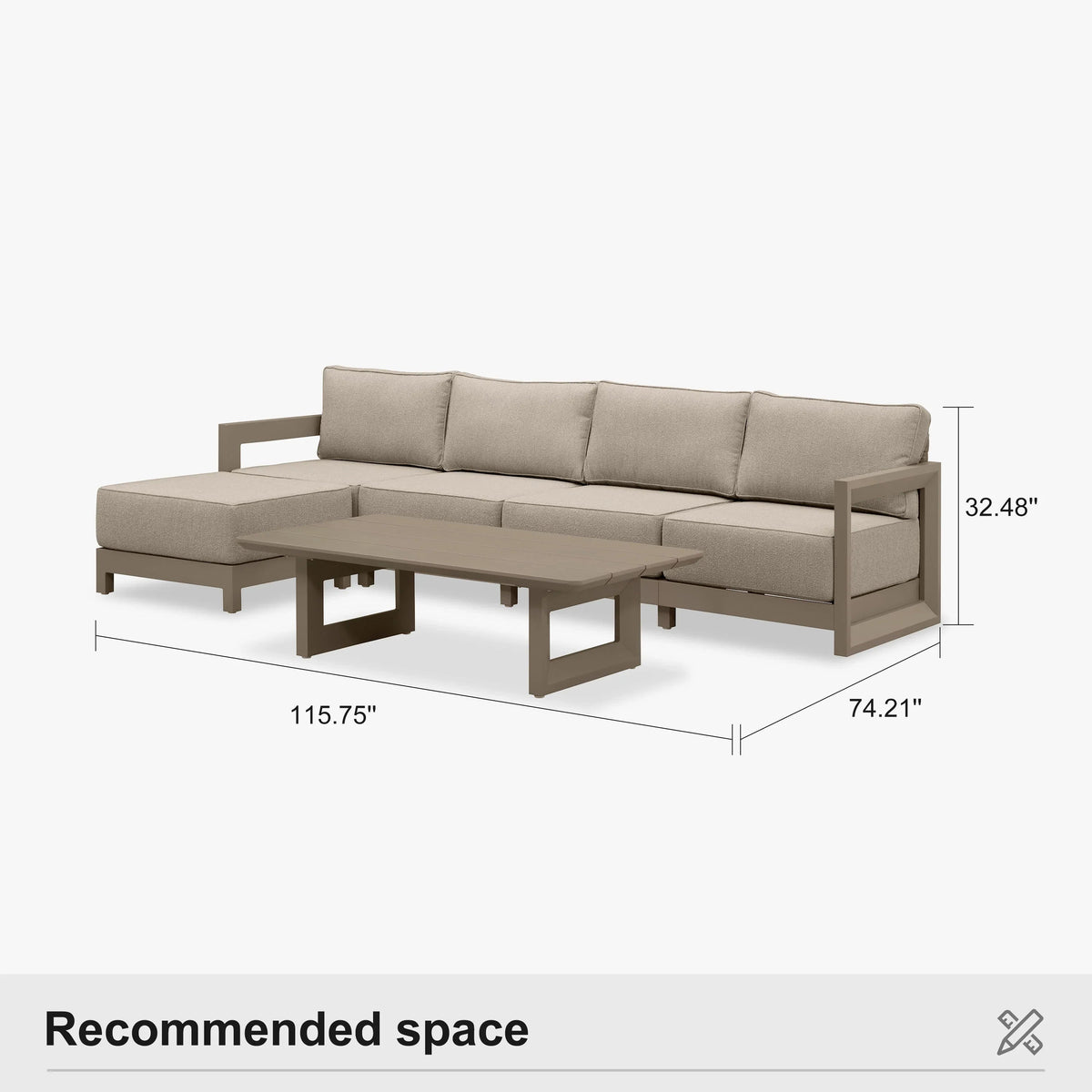 PURPLE LEAF Caesar – Ensemble salon de terrasse en L avec coussins et oreillers kaki, canapé et ottoman pour jardin et porche