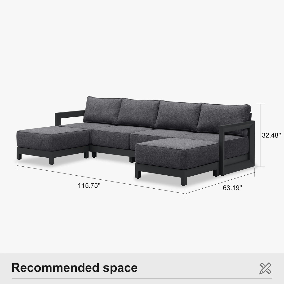 PURPLE LEAF Caesar U-Shaped Patio Conversation Set with Grey Cushion Pillows and Ottoman Couch for Patio Backyard