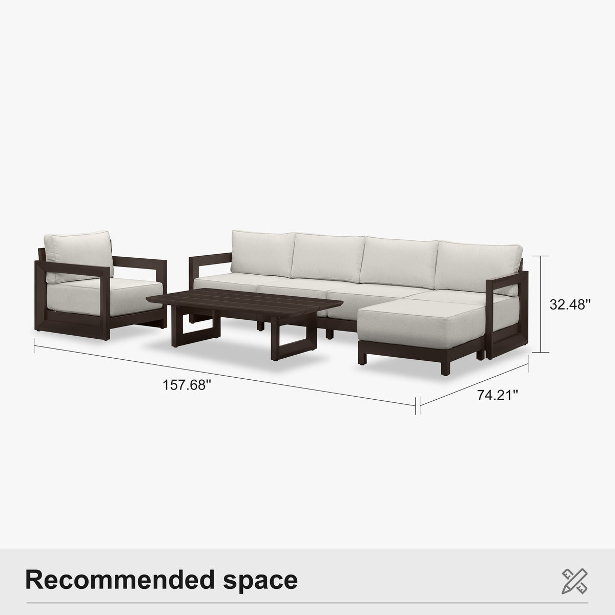 PURPLE LEAF Caesar Open-End Patio Conversation Set with Bronze Cushion Pillows and Ottoman for Modern Outdoor Deck