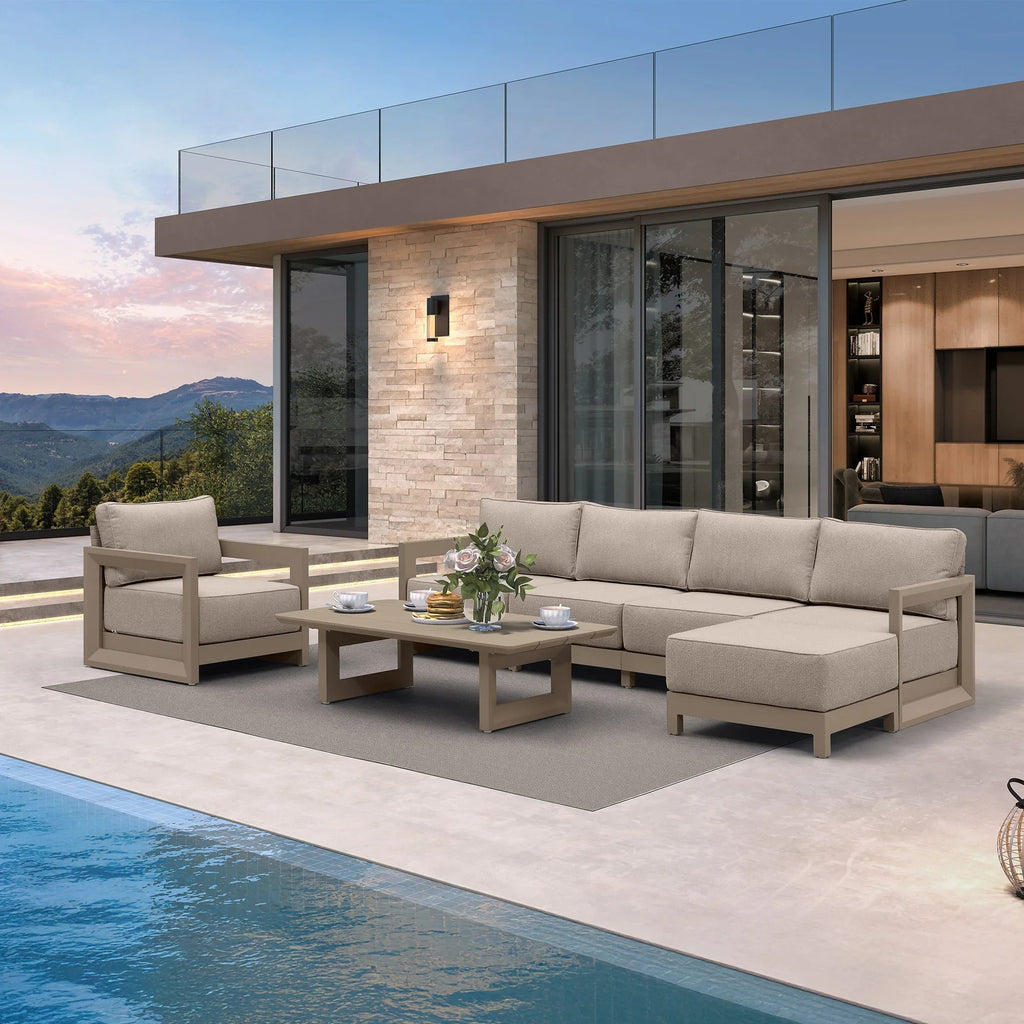 PURPLE LEAF Caesar Open-End Patio Conversation Set with Khaki Cushion Pillows and Ottoman for Modern Outdoor Deck
