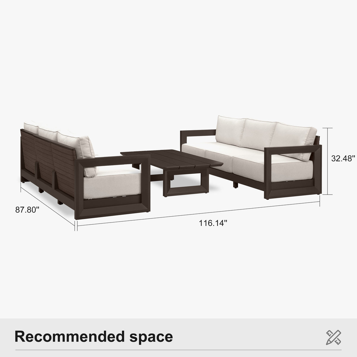 PURPLE LEAF Caesar Open-End Patio Conversation Set with Bronze Cushion Pillows and Ottoman for Modern Outdoor Deck