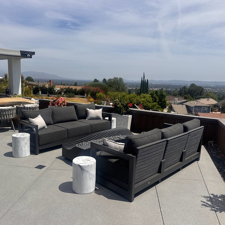 PURPLE LEAF Caesar Open-End Patio Conversation Set with Grey Cushion Pillows and Ottoman for Modern Outdoor Deck